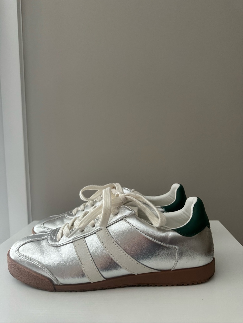 Silver Metallic Sneakers with Green Heel Accent